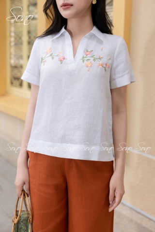 SONO - Áo sơ mi linen tay ngắn thêu ngang ngực