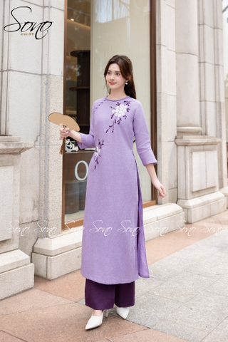 SONO - Áo dài tím cổ đan tay thêu lá tím