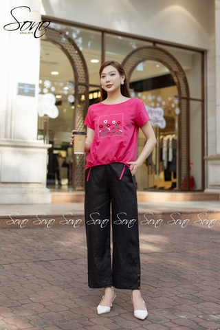 SONO - Quần dài linen cặp lai đính nút gỗ