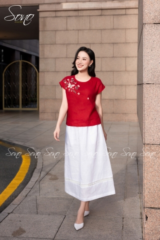SONO - Chân váy linen dài phối ren