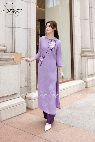 SONO - Áo dài tím cổ đan tay thêu lá tím
