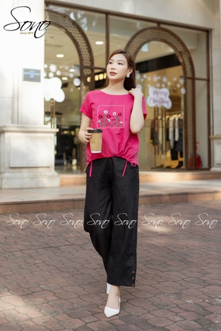 SONO - Quần dài linen cặp lai đính nút gỗ