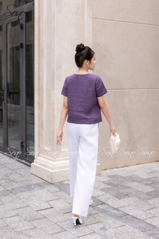 SONO - Áo linen cổ tim viền ren thêu hoa đặc