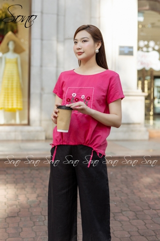 SONO - Quần dài linen cặp lai đính nút gỗ