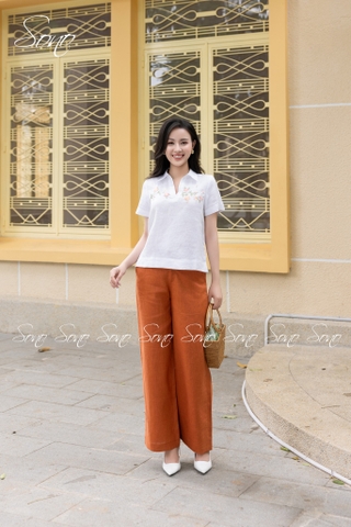 SONO - Áo sơ mi linen tay ngắn thêu ngang ngực