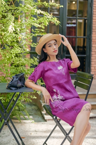SONO - Đầm linen thêu hoa trắng