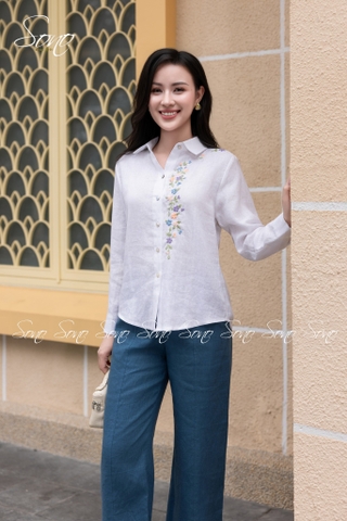 SONO - Áo sơ mi linen dài tay thêu hoa nhí pastel