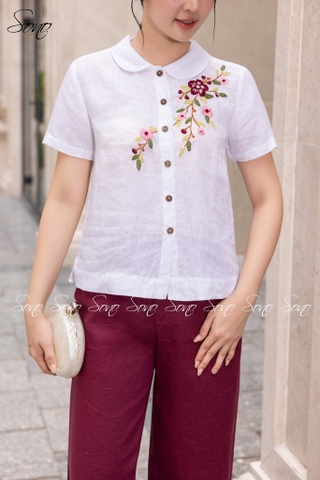 SONO - Áo linen cổ sen thêu hoa vàng