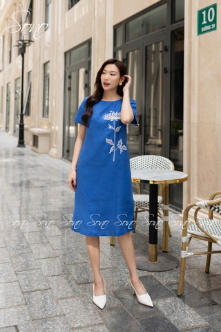 SONO - Đầm linen có tay thêu hoa cúc