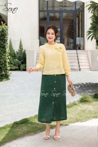 SONO - Áo linen dài tay cổ bèo nhún thêu