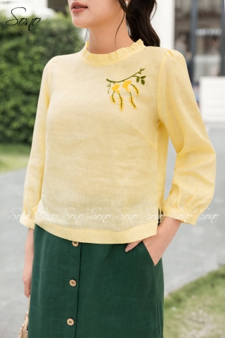SONO - Áo linen dài tay cổ bèo nhún thêu