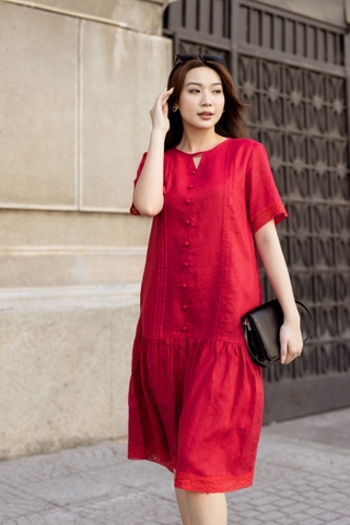 SONO - Đầm linen có tay chạy li dọc viền ren