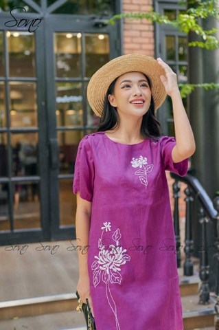 SONO - Đầm linen thêu hoa trắng