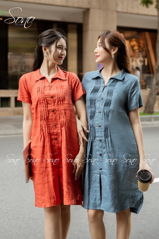 SONO - Đầm sơ mi linen xếp ly nhỏ