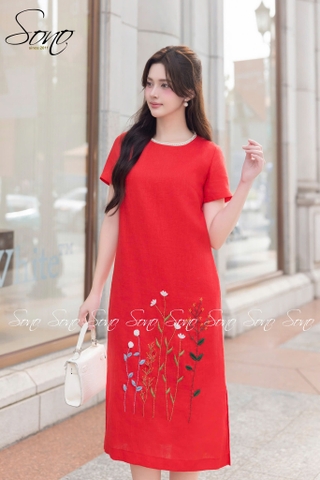 SONO - Đầm linen ren cổ thêu hoa