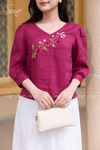 SONO - Áo linen cổ tim tay lỡ thêu hoa sim