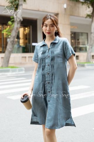 SONO - Đầm sơ mi linen xếp ly nhỏ