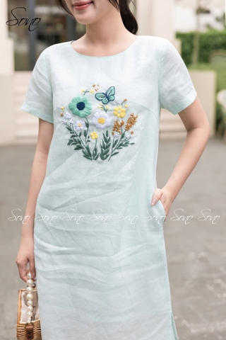 SONO - Đầm linen có tay thêu hoa bướm