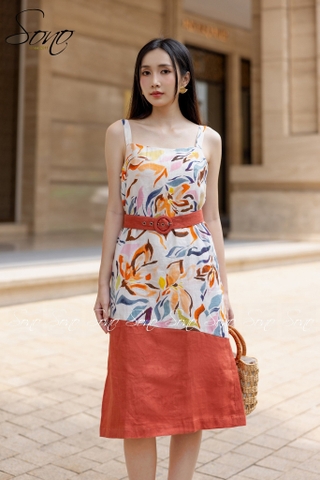 SONO - Đầm linen 2 dây họa tiết hoa văn có belt