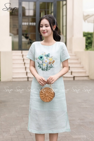 SONO - Đầm linen có tay thêu hoa bướm