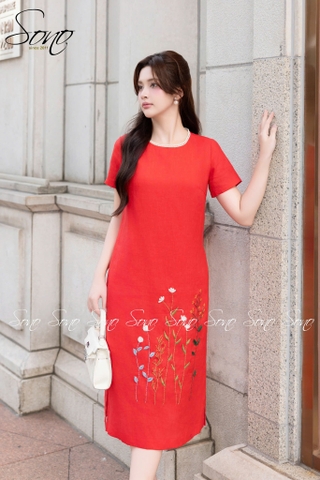SONO - Đầm linen ren cổ thêu hoa
