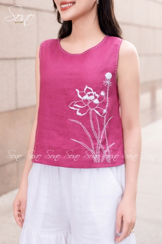 SONO - Áo linen sát nách đột chỉ bông sen