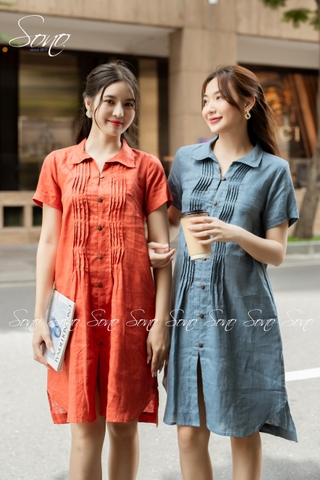 SONO - Đầm sơ mi linen xếp ly nhỏ