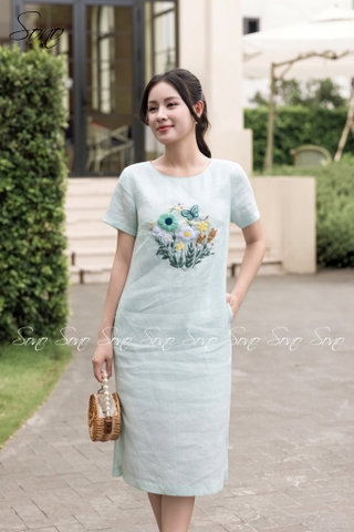 SONO - Đầm linen có tay thêu hoa bướm