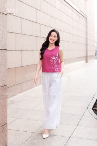 SONO - Áo linen sát nách đột chỉ bông sen