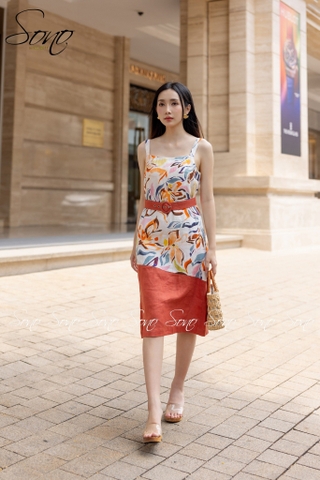SONO - Đầm linen 2 dây họa tiết hoa văn có belt