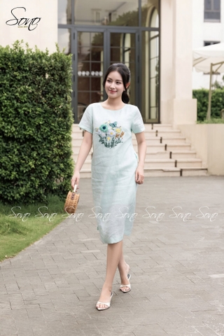 SONO - Đầm linen có tay thêu hoa bướm