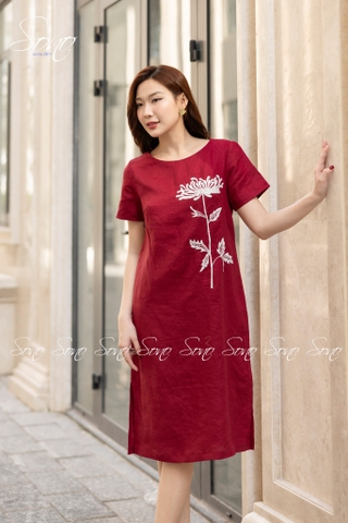 SONO - Đầm linen có tay thêu hoa cúc
