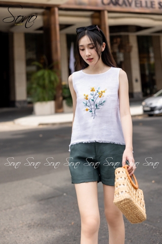SONO - Áo linen sát nách thêu hoa tua rua