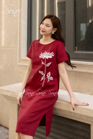 SONO - Đầm linen có tay thêu hoa cúc