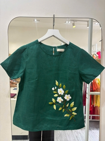SONO - Áo linen thêu cành hoa đỏ