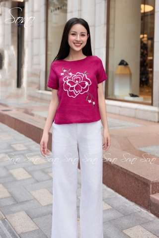 SONO - Áo linen nút bên thêu hoa to