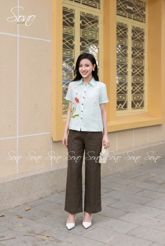 SONO - Áo sơ mi linen tay ngắn thêu hoa