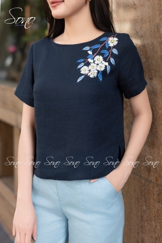 SONO - Áo linen thêu lá xanh hoa trắng