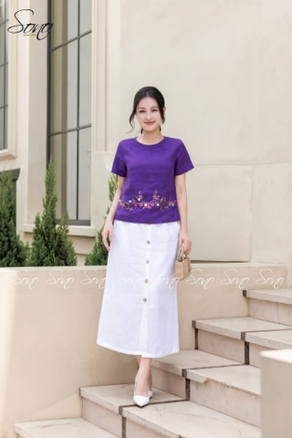 SONO - Áo linen tay ngắn thêu quấn bọ
