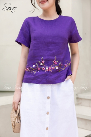 SONO - Áo linen tay ngắn thêu quấn bọ