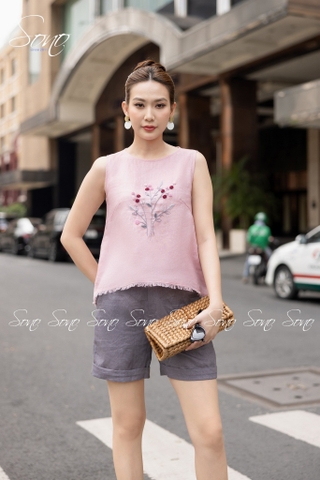 SONO - Áo linen sát nách thêu hoa tua rua