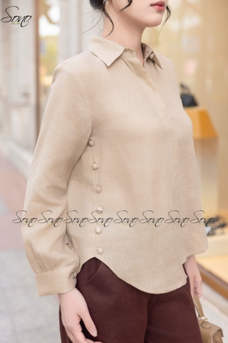 SONO - Áo sơ mi dài tay linen nút bọc 2 bên