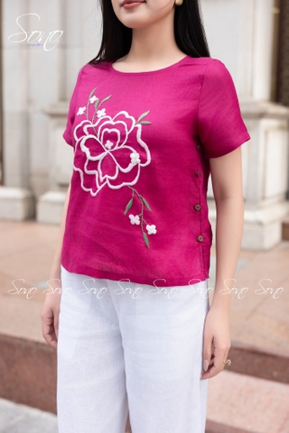 SONO - Áo linen nút bên thêu hoa to