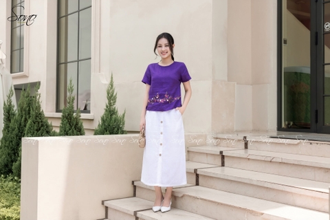 SONO - Áo linen tay ngắn thêu quấn bọ