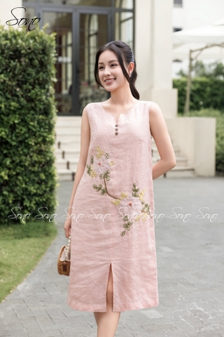 SONO - Đầm linen cổ V phối 3 nút gỗ