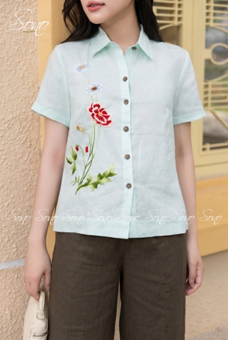 SONO - Áo sơ mi linen tay ngắn thêu hoa