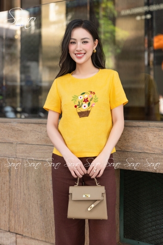 SONO - Áo linen thêu giỏ hoa
