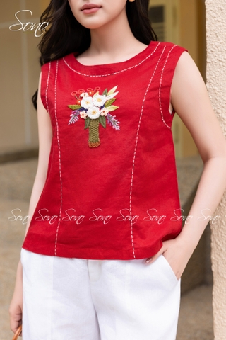 SONO - Áo linen sát nách đột chỉ thêu bó hoa