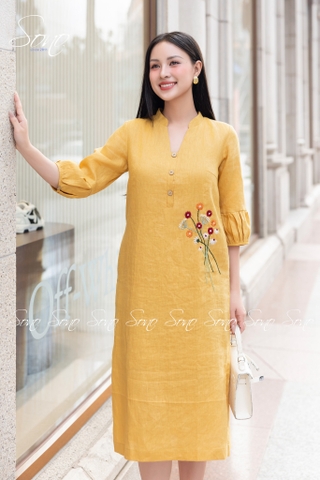 SONO - Đầm linen tay lồng đèn nhánh hoa