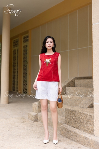 SONO - Áo linen sát nách đột chỉ thêu bó hoa
